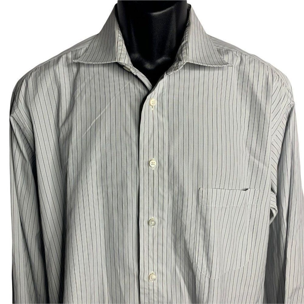 Burberry London Button Up Dress Shirt 16.5 34 Blue Striped Pocket Long Sleeves